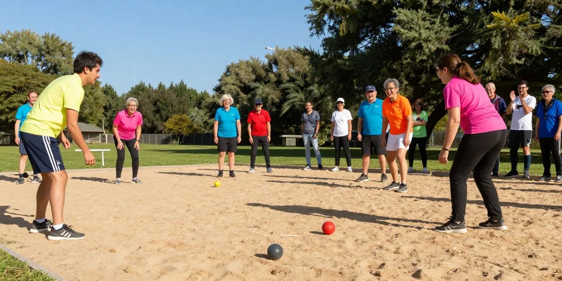 Pertandingan petanque di fopikotapontiana.org dengan pemain beragam dan atmosfer ceria.