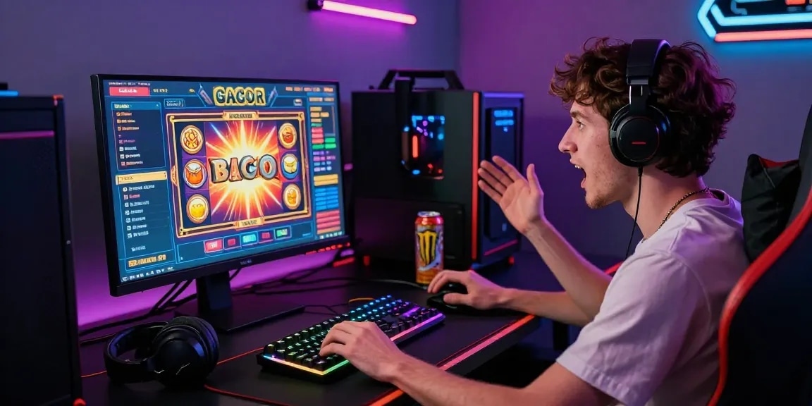 Player immersed in a thrilling slot gacor gaming scene at a modern setup, showcasing excitement and vibrant peripherals.