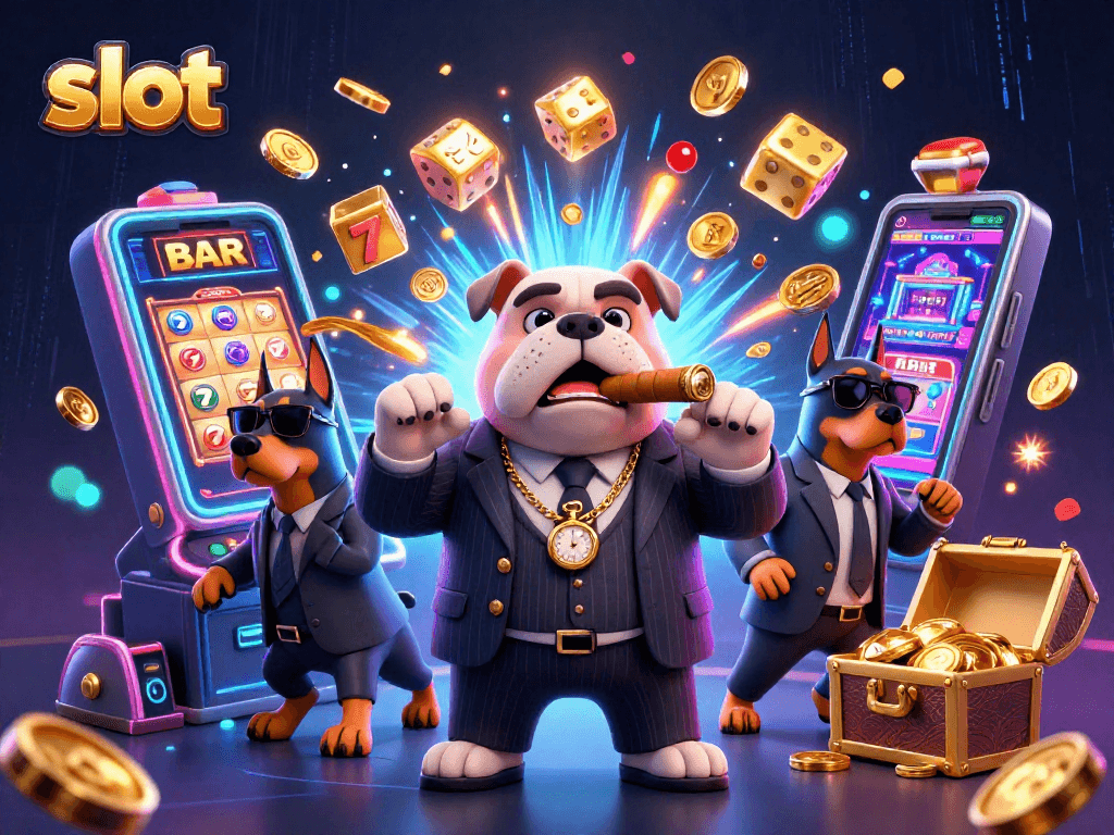 Slot mendapatkan jackpot dengan mesin slot, bulldog mafia dan anjing pengawal di latar belakang.