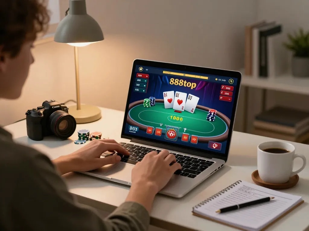 Engaging online poker gameplay at 888top showcased in a cozy home environment.