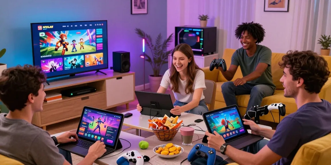 Enjoying html porn games together in a vibrant living room filled with friends and engaging devices.