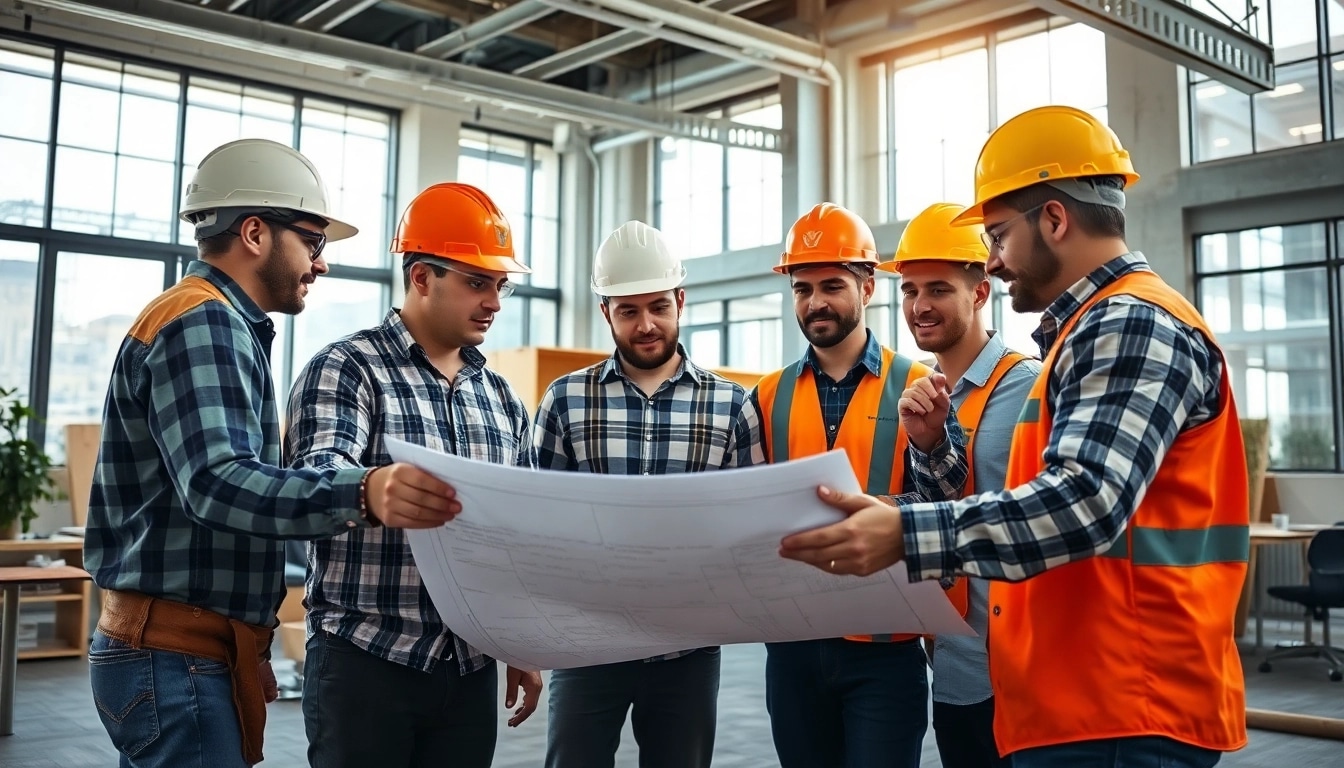 Construction membership association team actively discussing project plans in a modern office.
