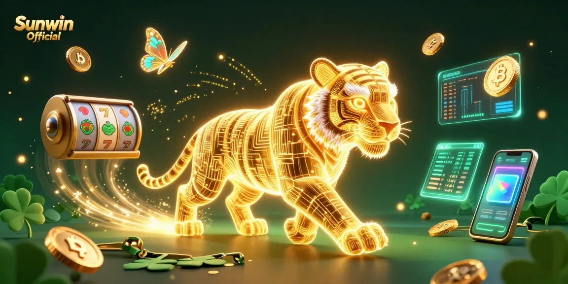 Experience the vibrant Sunwin Official digital casino scene featuring a neon tiger amidst slot elements and crypto coins.