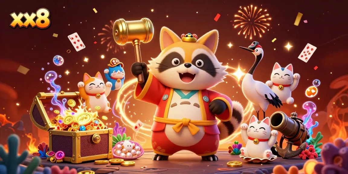 Experience winning at xx8 with vibrant casino elements like lucky tanuki and gold treasures.