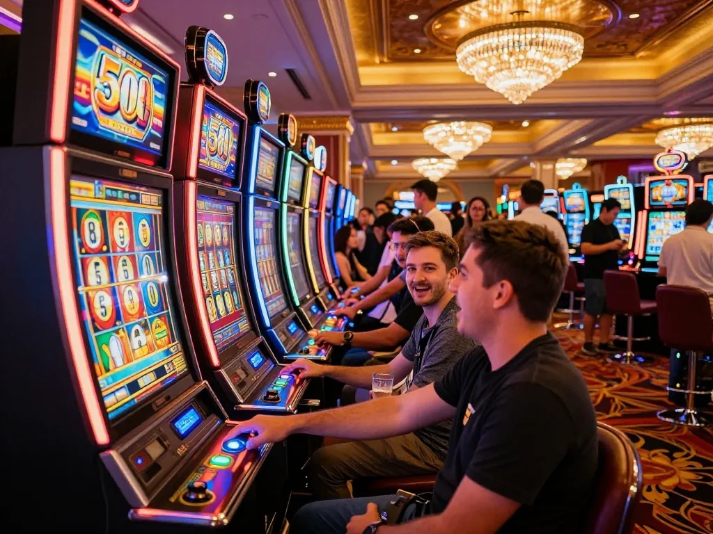 Player taking a thrilling slot bet 50 on colorful machines at a vibrant casino.