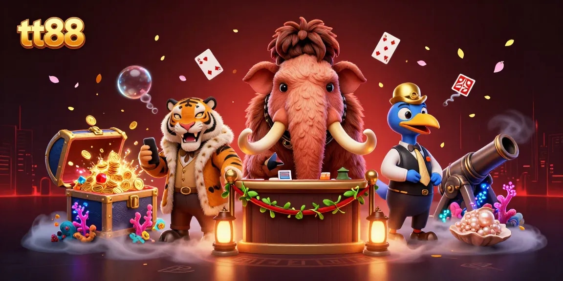 Experience the thrill of tt88 casino with a vibrant 3D illustration featuring unique animal characters and gaming elements.