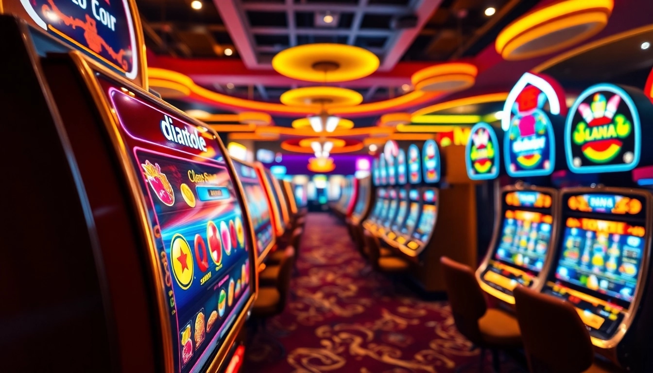 Permainan diantogel slot yang menarik dengan simbol berwarna cerah pada mesin slot.