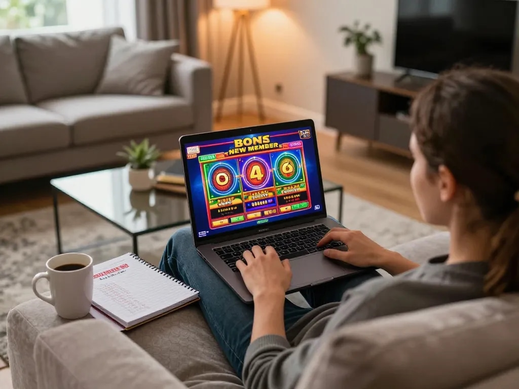 Engaging online slot gaming session illustrating bonus new member 100 excitement in a modern living room.