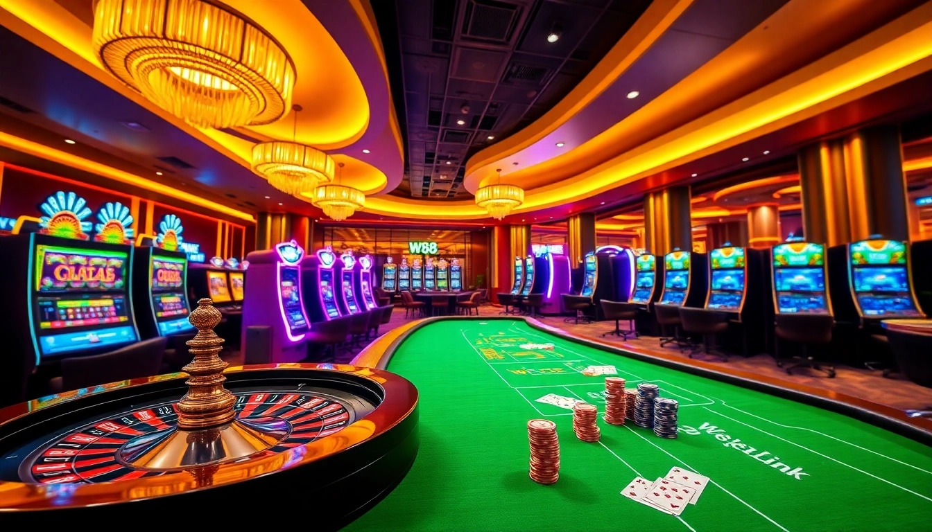 Người chơi tham gia với liên kết W88 roulette và casino trực tuyến, được bao quanh bởi các máy xèng sống động.