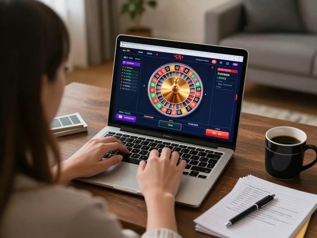MAX88 casino player engaging with an online roulette game from home, showcasing strategic gameplay and responsible betting practices