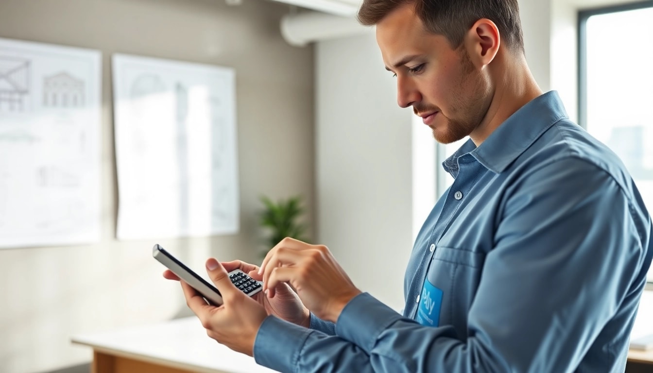 Utilizing the frame calculator, a structural engineer reviews building design plans in a modern office.