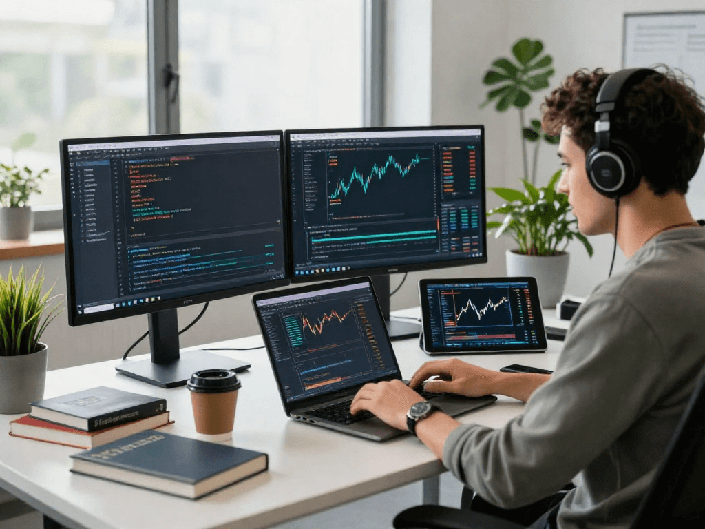 Developer analyzing German stock historical Kline API data on modern monitors in an innovative tech environment.