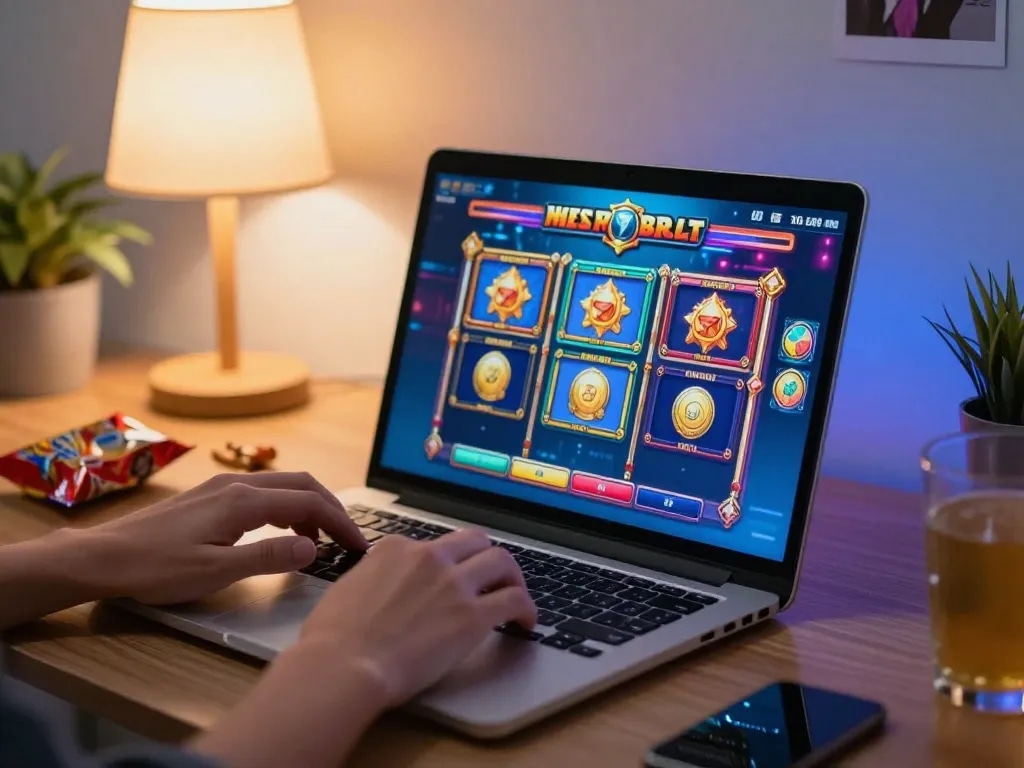 Playing slots on Pentaslot link during a cozy gaming session at home.