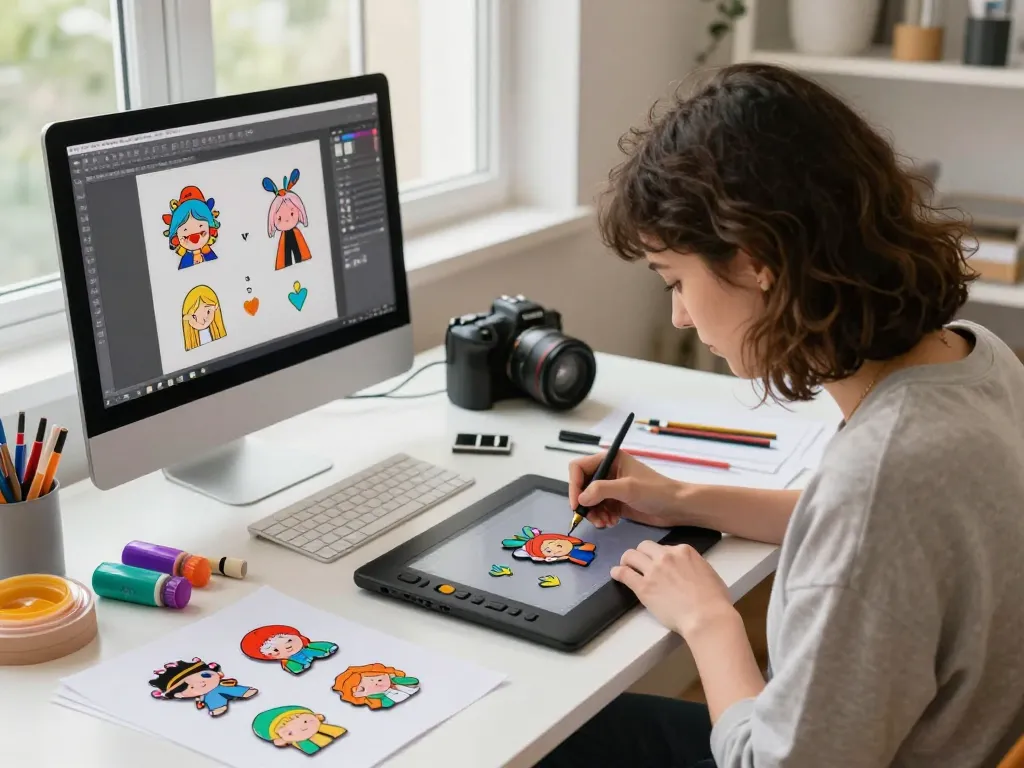 Creative artist designing custom acrylic pins in a vibrant studio, showcasing colorful sketches and professional tools.