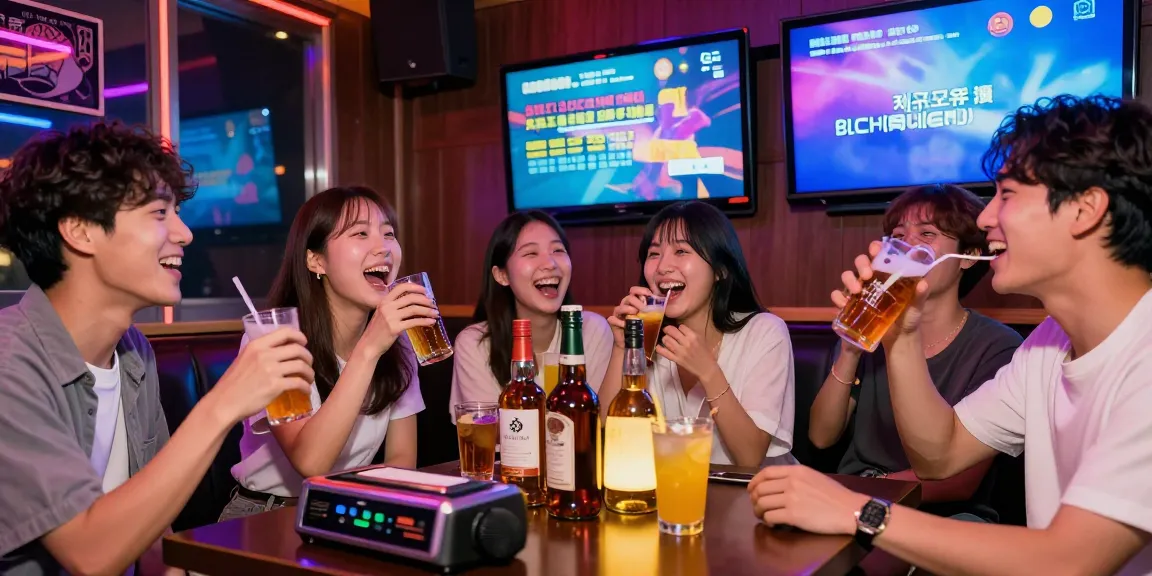 Experience the vibrant 제주도유흥 nightlife with friends enjoying drinks and karaoke in a lively bar.