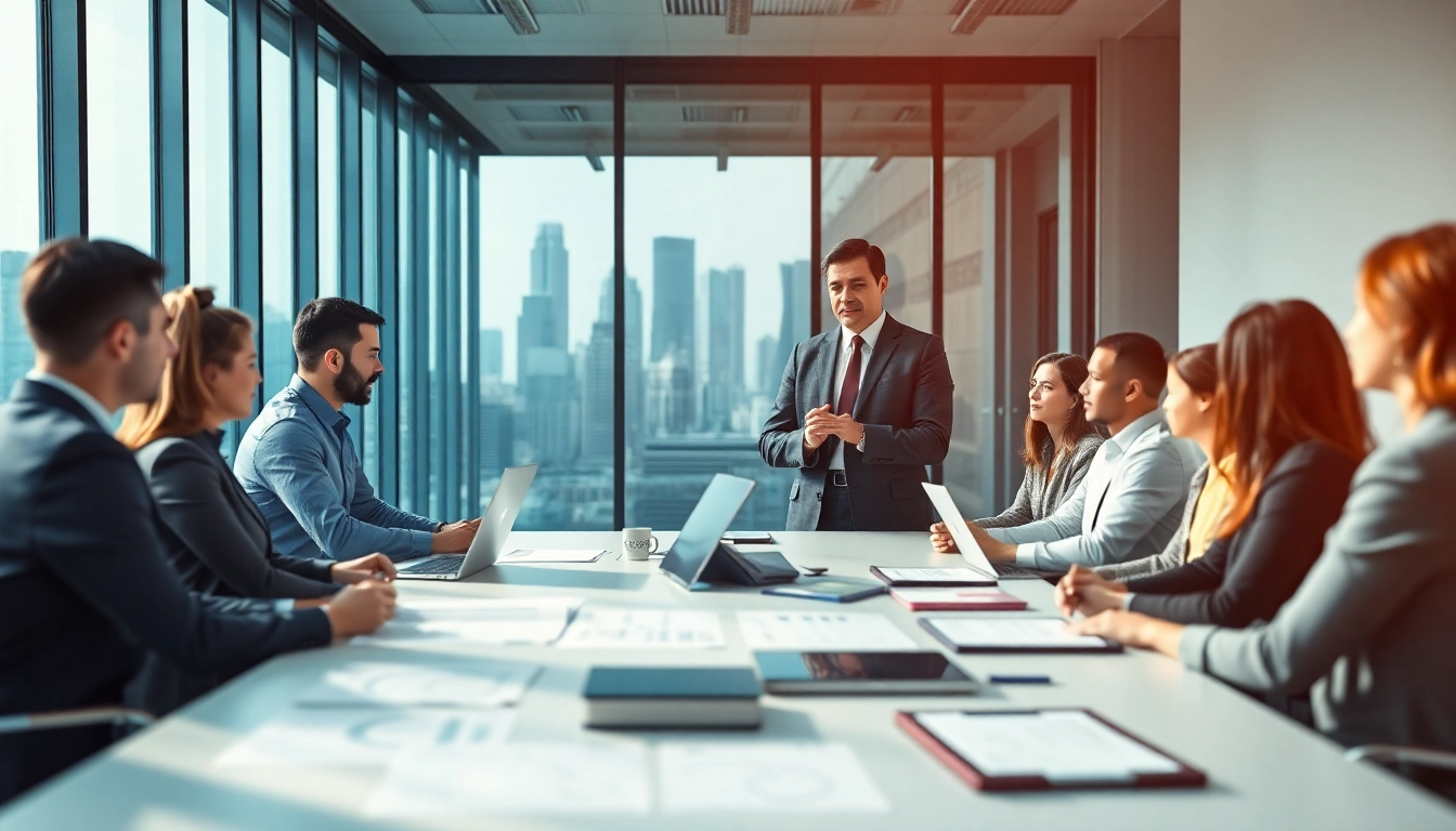 Crisis management consultant leading a strategic meeting with a diverse team in a modern office.