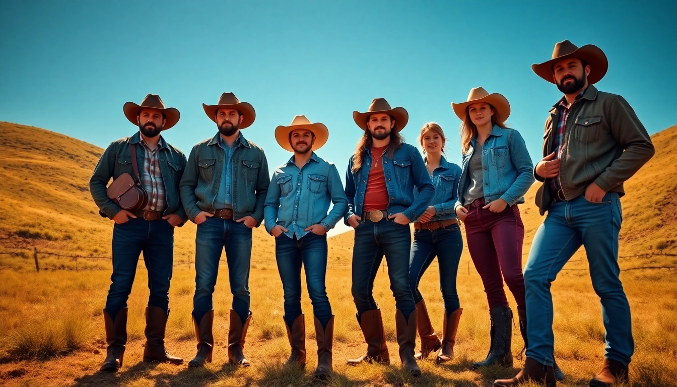 Stylish individuals showcasing western wear Canada in a scenic outdoor setting.