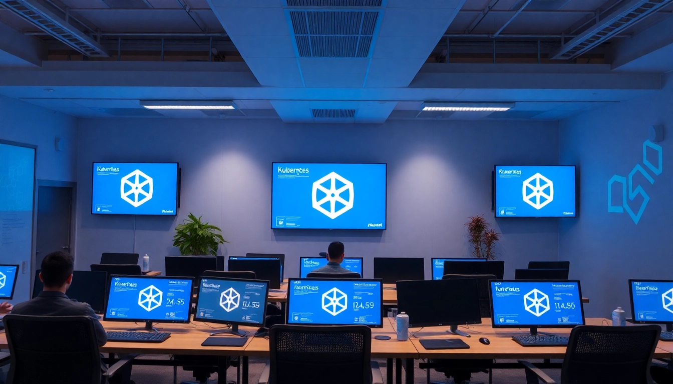 Kubernetes optimiza la gestión de contenedores, ilustrando un entorno de trabajo profesional y moderno.
