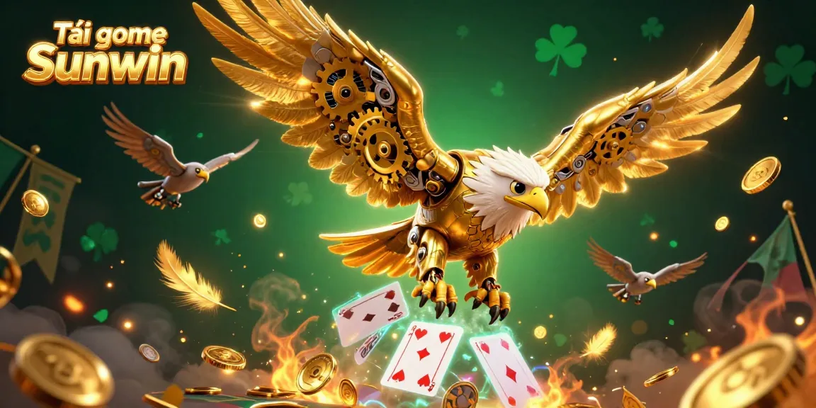 Tải game Sunwin with a dynamic scene of a cybernetic eagle diving through playing cards, surrounded by vibrant casino elements.