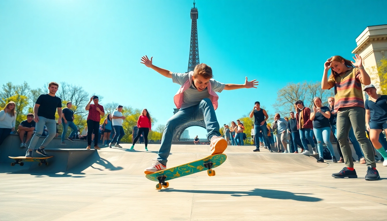 Skaters performing tricks at Ecole skate paris' lively skate park with vibrant energy.