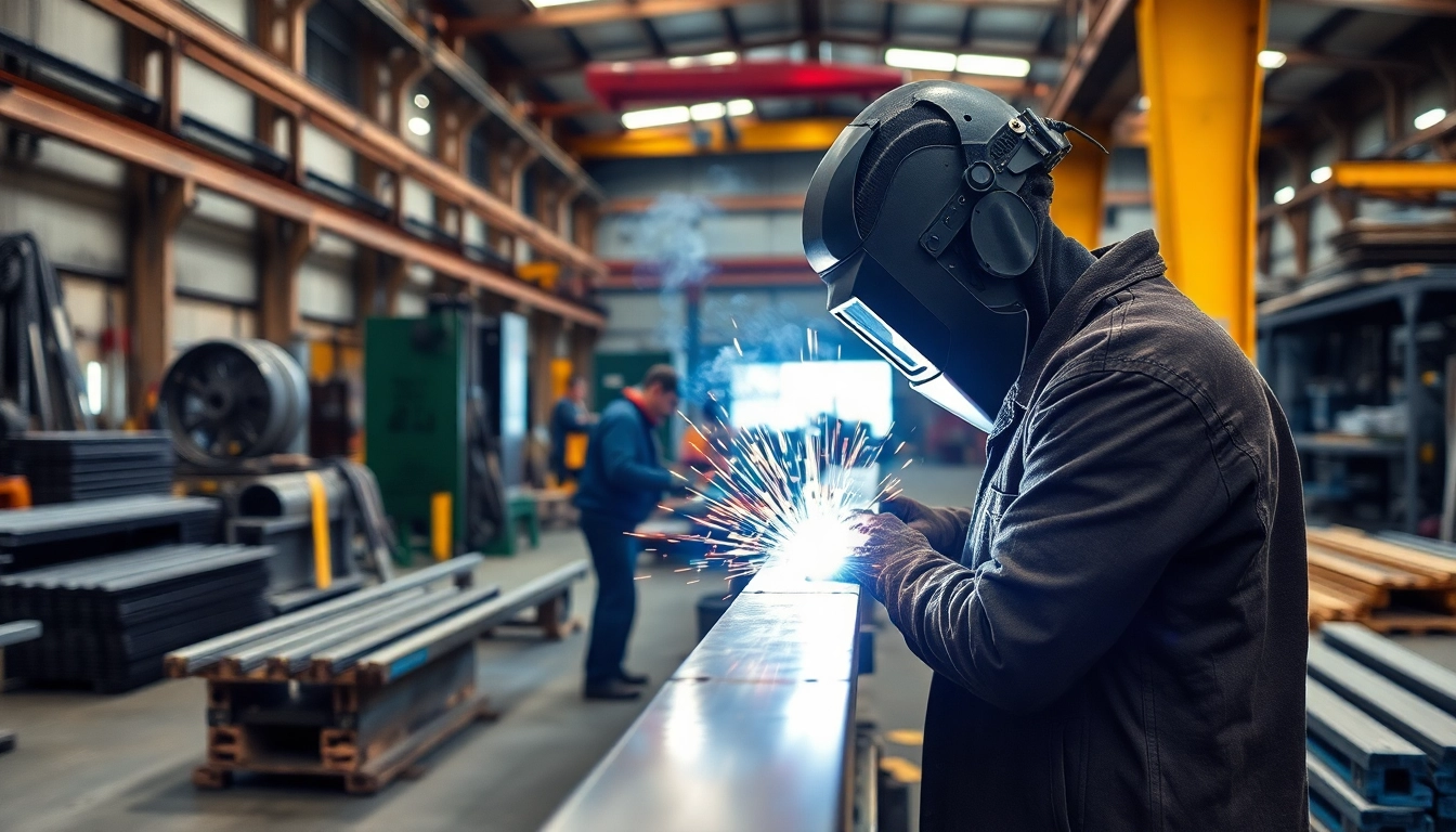 Discover skilled steel fabricators near me working in a busy fabrication workshop with bright lighting.