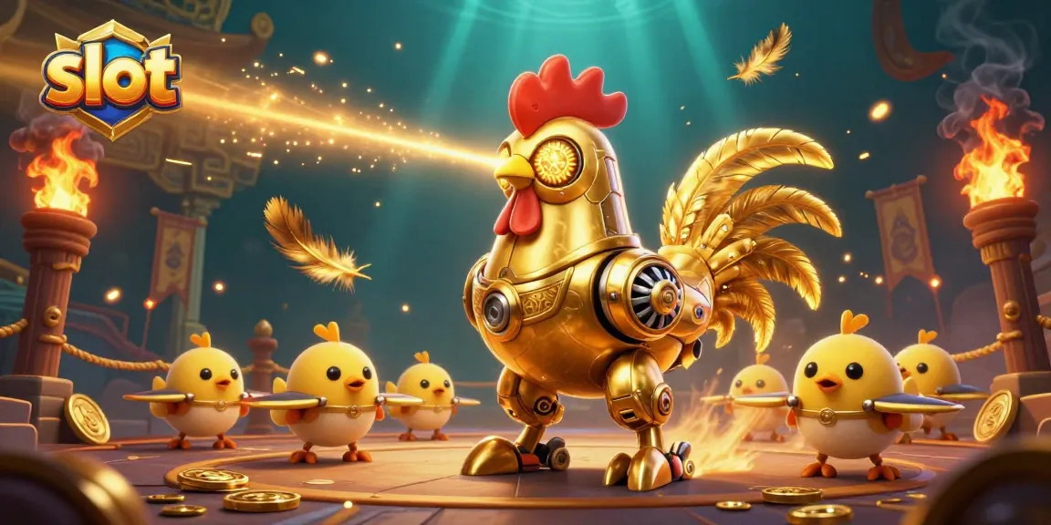 Permainan slot seru dengan robot ayam emas futuristik dan drone, menembakkan sinar laser yang menciptakan pola emas.