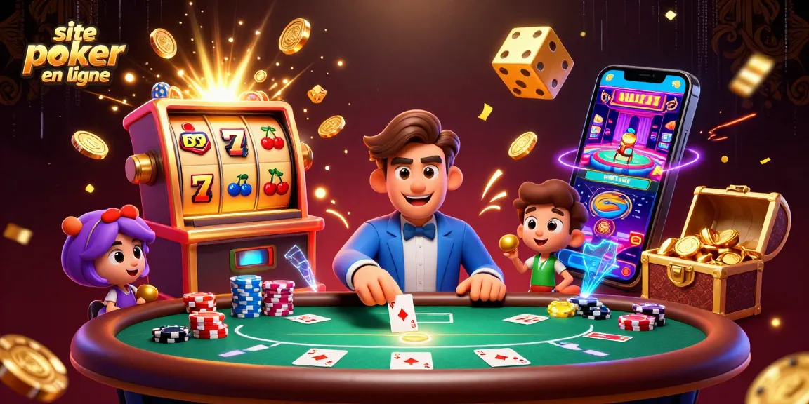 Gagnez au poker sur le site poker en ligne avec une table animée et des jetons colorés autour.
