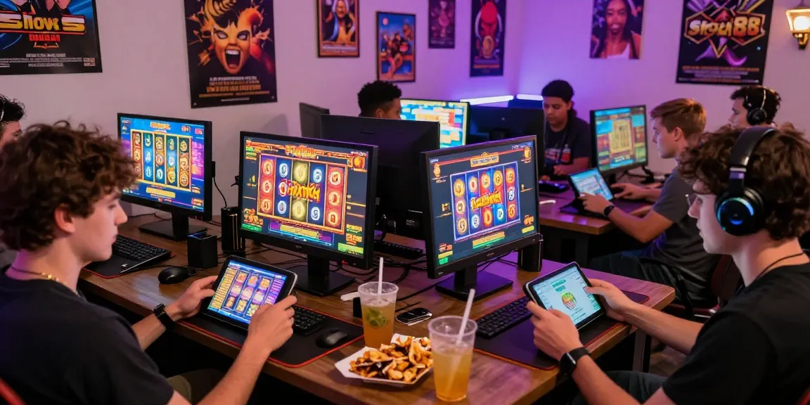 Exciting slot88 gaming scene with diverse players enjoying colorful games on mobile devices.