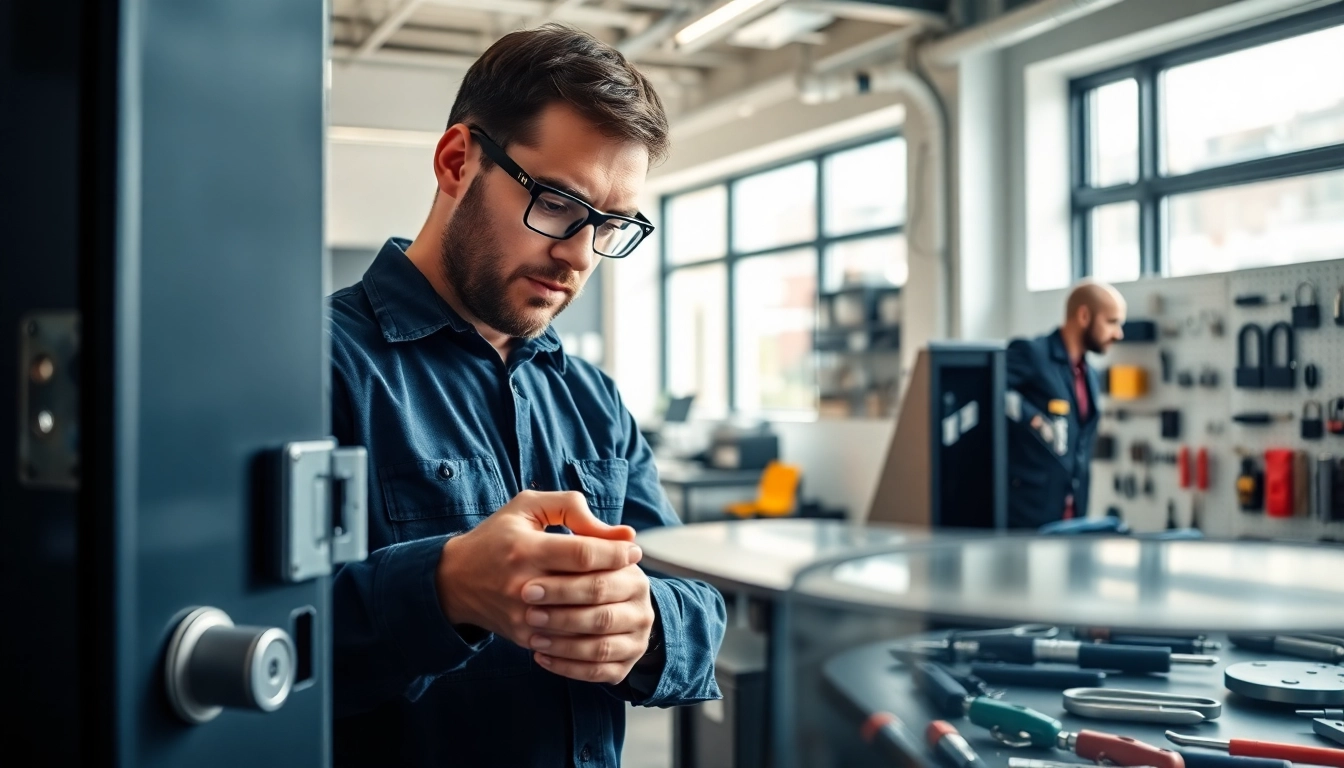 Experienced commercial locksmiths near Ballwin, MO servicing advanced security systems in a modern office.