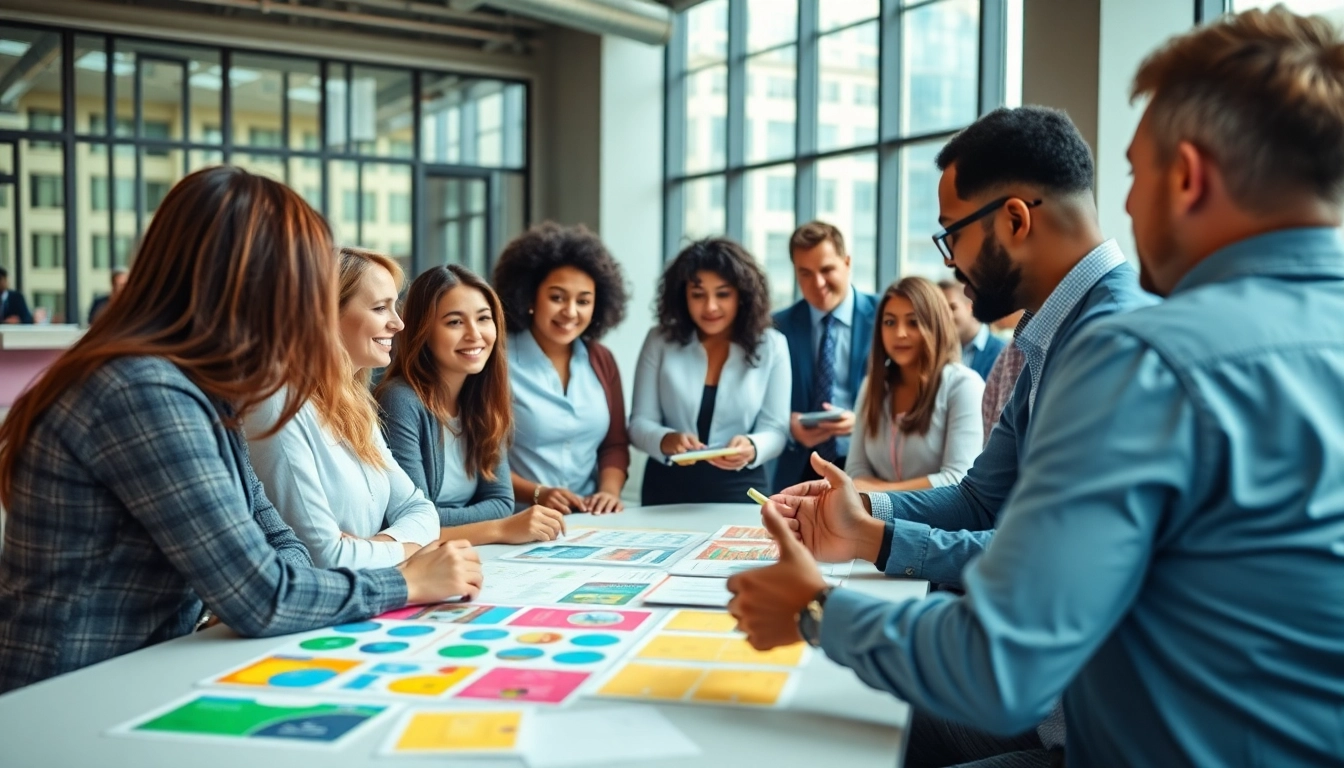 Dynamic scene of workforce development collaboration with diverse professionals in a modern office.