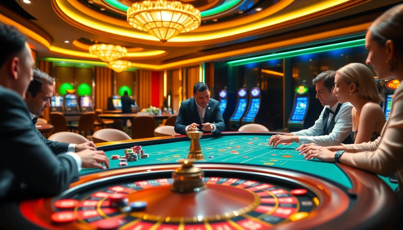 Para pemain Togel Sumo menikmati meja kasino mewah dengan chip berwarna-warni dan roda roulette