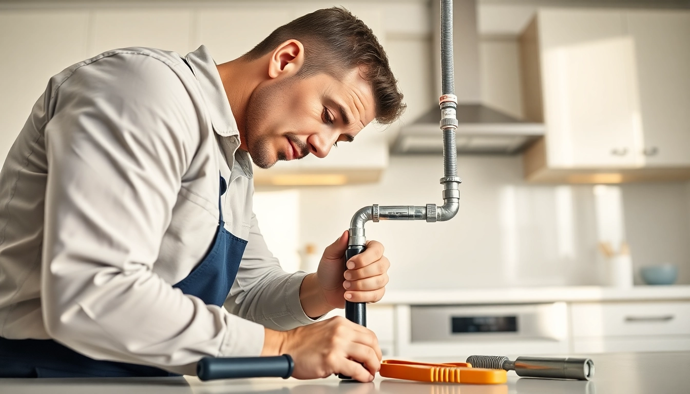 Plumber demonstrating expertise in emergency services at https://speedyservicestoday.com.au with tools and modern kitchen.