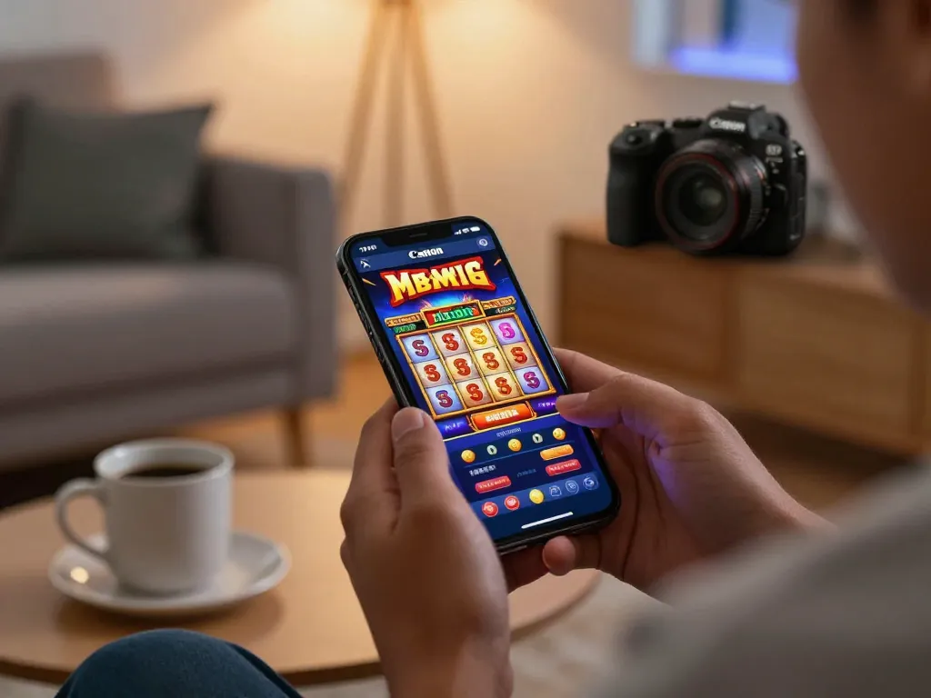 Enjoying giochi casino gratis senza registrazione on a smartphone at home, exciting slot game interface displayed.
