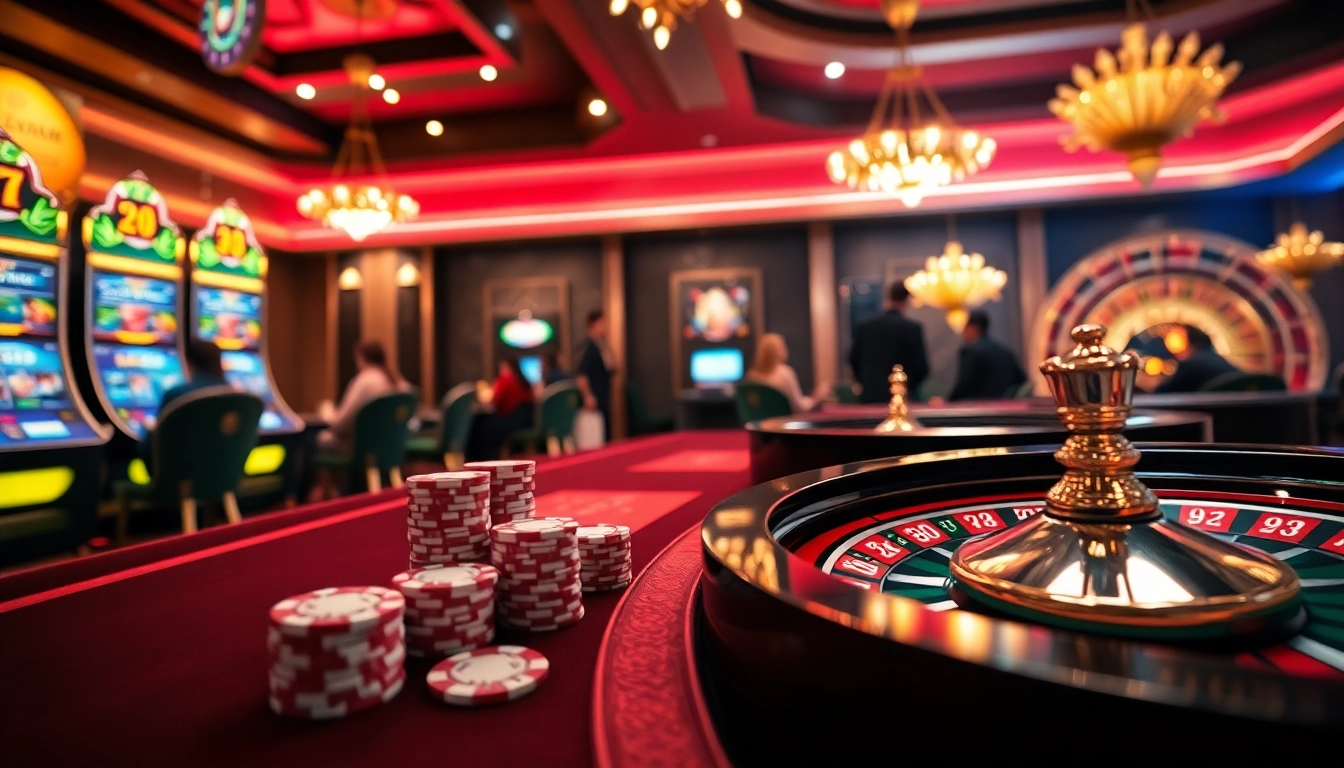 Engaging scene at Nhà cái MM88 casino, featuring players at a poker table and vibrant slot machines.