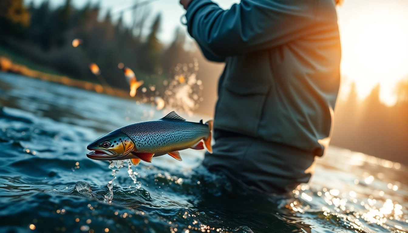Catch a glimpse of the fly fishing combo in action on a peaceful river setting.