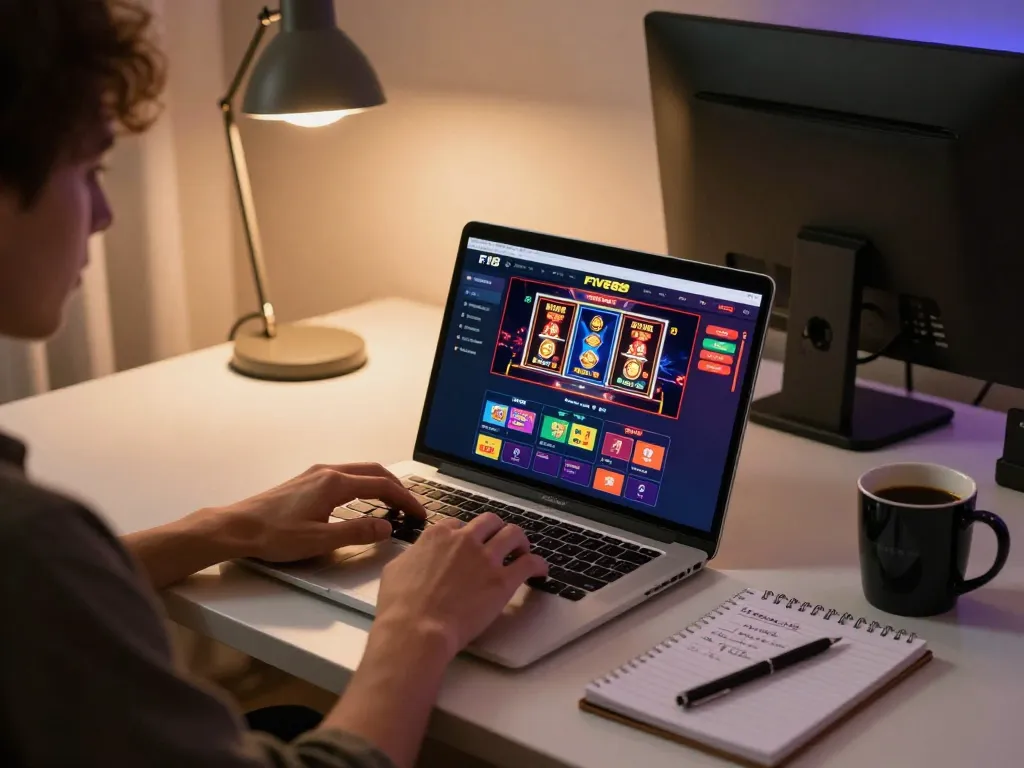Engaged player enjoying FIVE88's online casino on a laptop in a cozy home workspace
