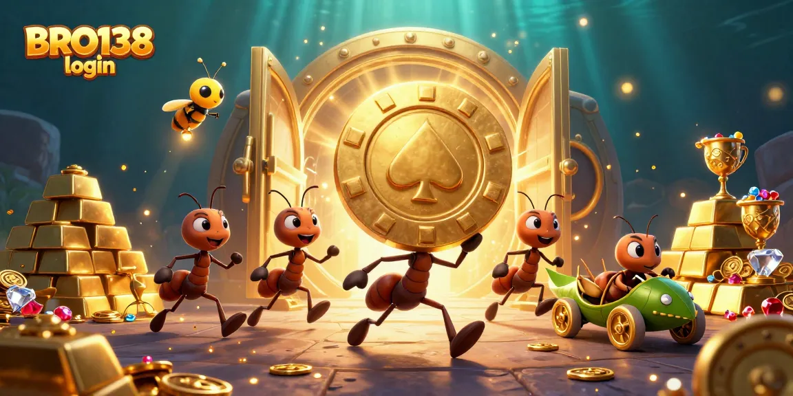 Experience the thrill of BRO138 login with this vibrant casino heist scene featuring playful ants and treasures.