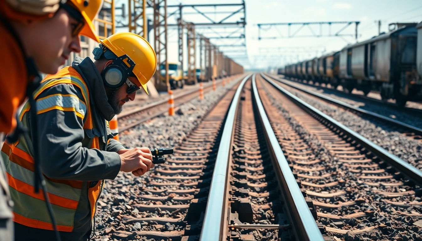 Track Inspectors Near Me meticulously assessing railway safety and integrity in a professional setting.