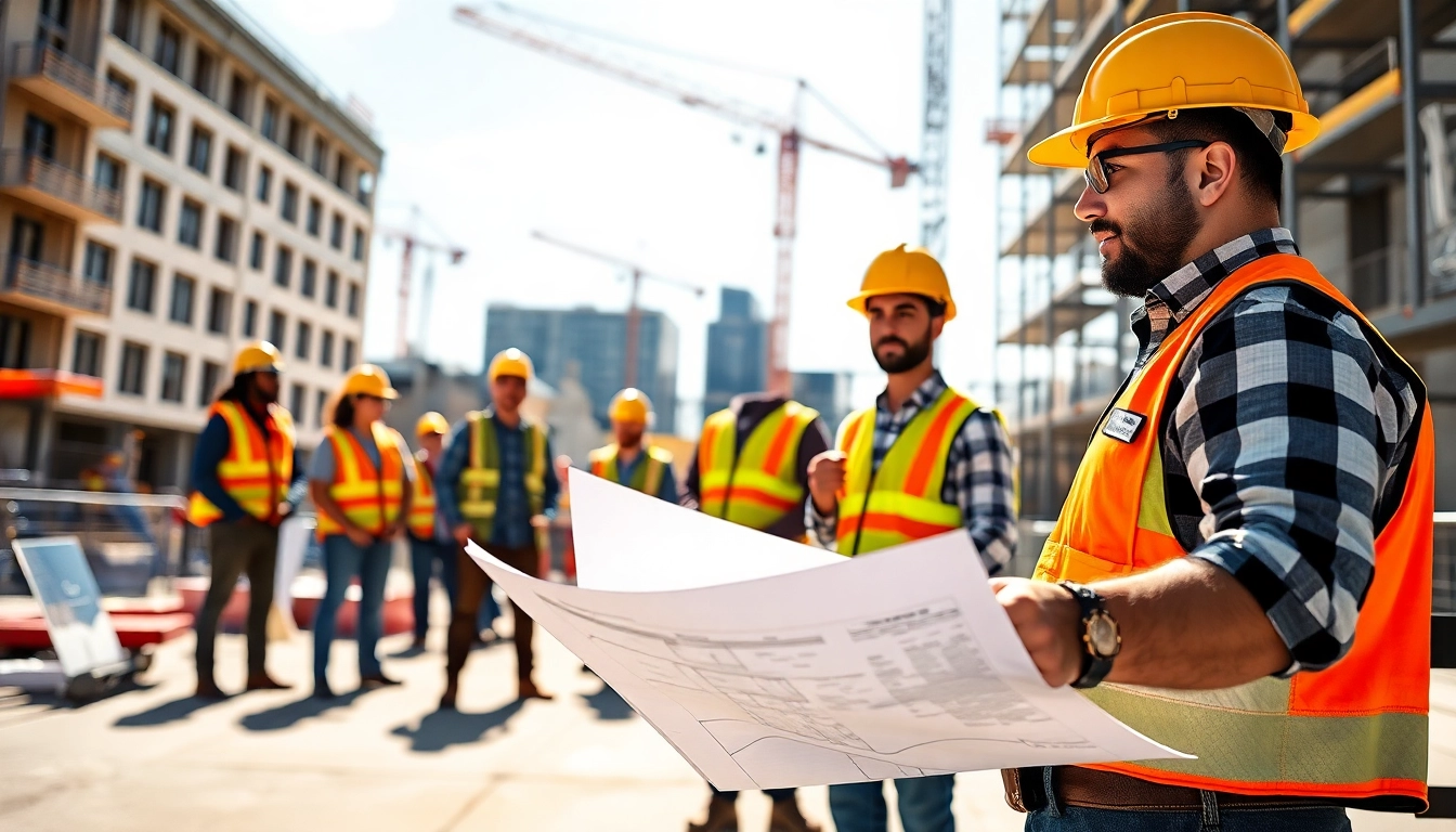 New Jersey General Contractor discusses project plans with team on a lively construction site.