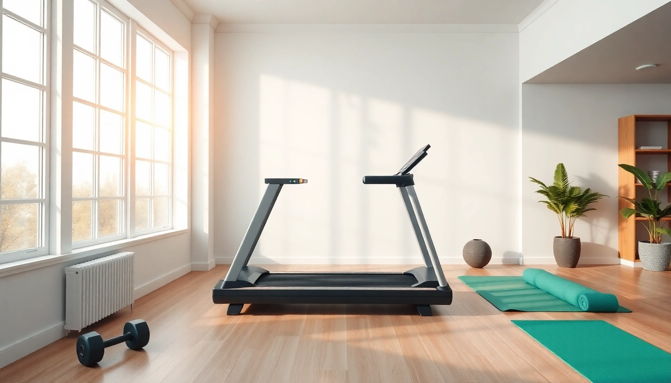 Home treadmill manufacturer showcasing modern design and fitness accessories in a bright home gym setting.