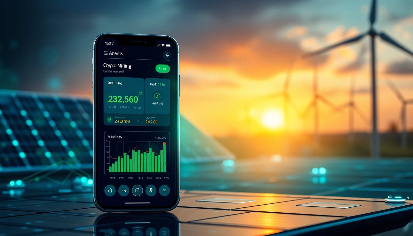 Visual representation of a crypto mining app on a smartphone, showcasing real-time earnings and renewable energy elements, symbolizing innovation and sustainability.
