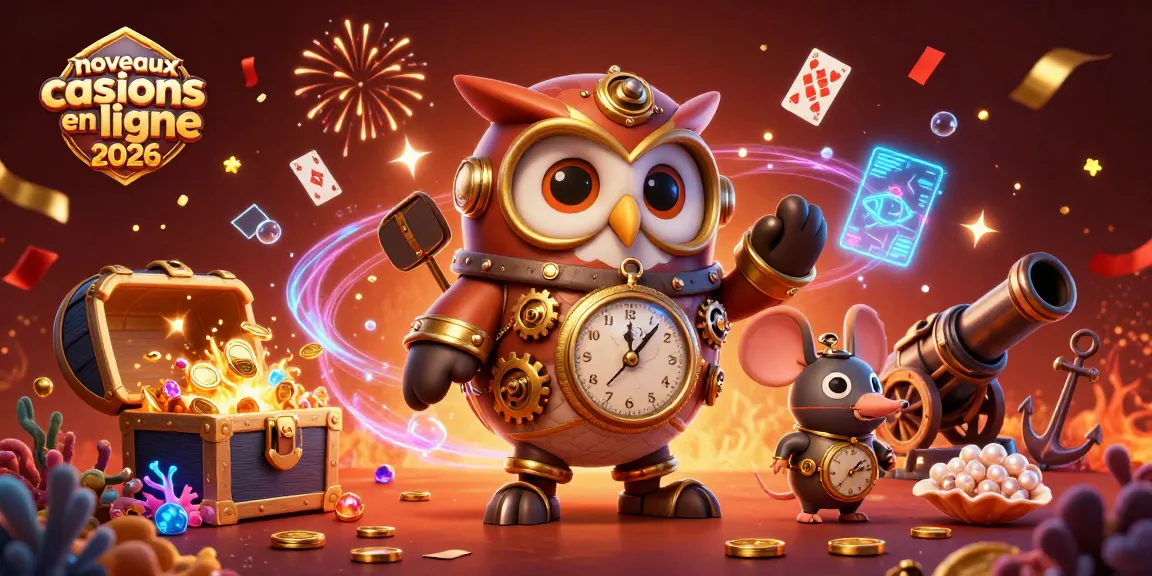 Plongée dans les nouveaux casinos en ligne 2026 avec un hibou voyageur ludique et des éléments de casino