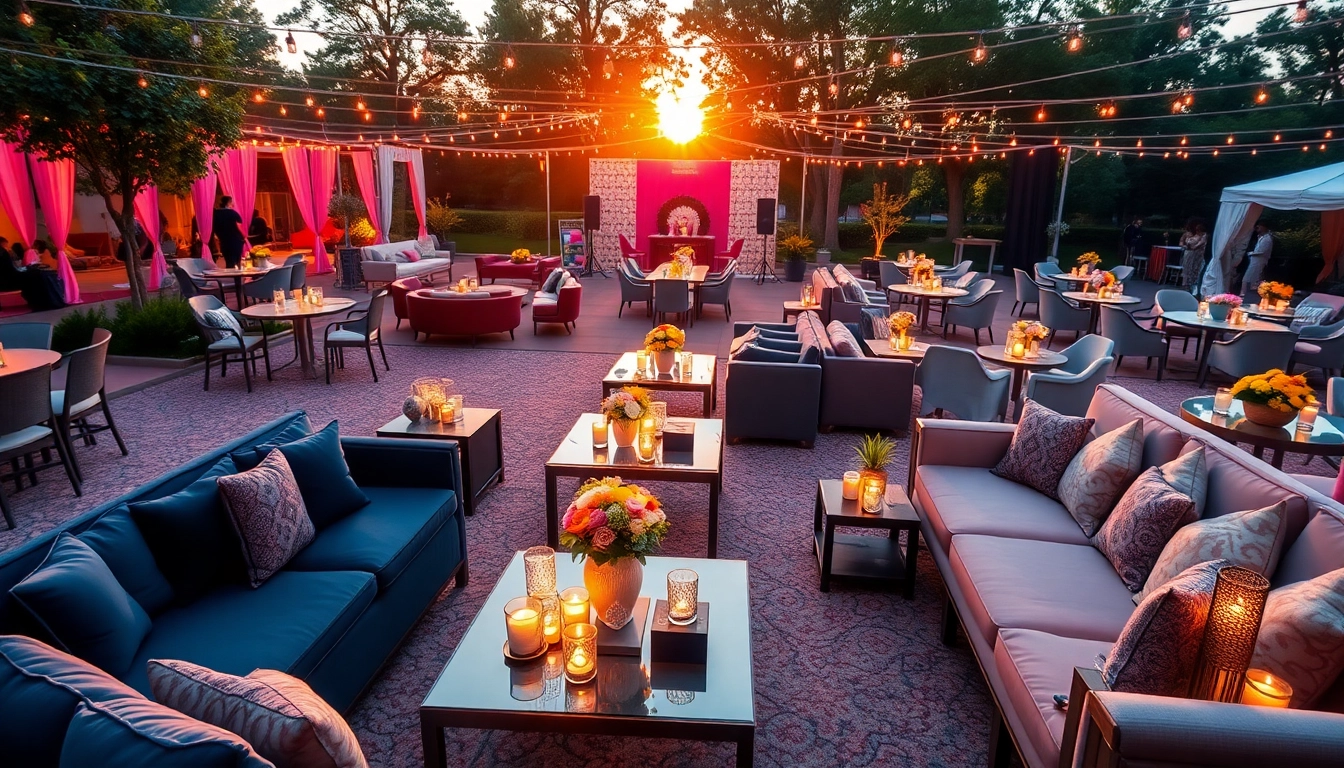 Stylish event furniture rentals showcased at a vibrant outdoor setup featuring elegant seating and tables.
