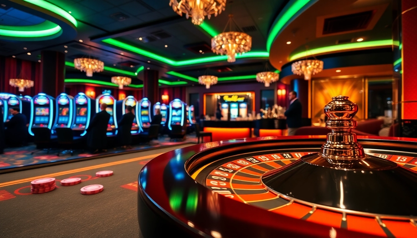 Experience the thrill of mm88 at a vibrant casino, featuring roulette tables and stylish slot machines.