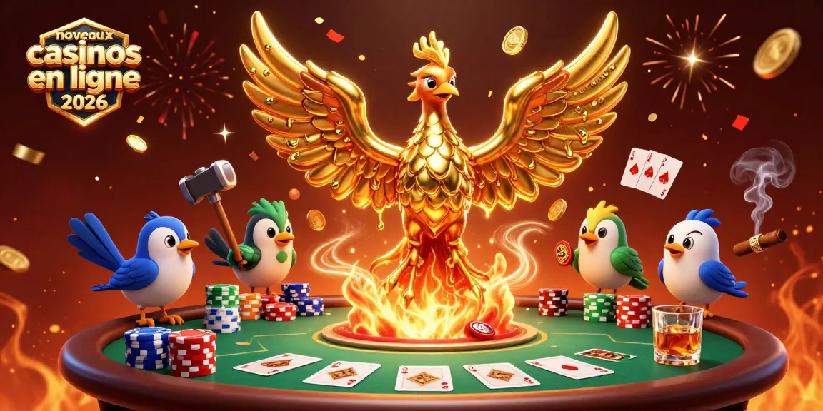 Illustration fascinante exemplifiant les nouveaux casinos en ligne 2026 avec un phénix doré et des éléments de poker.