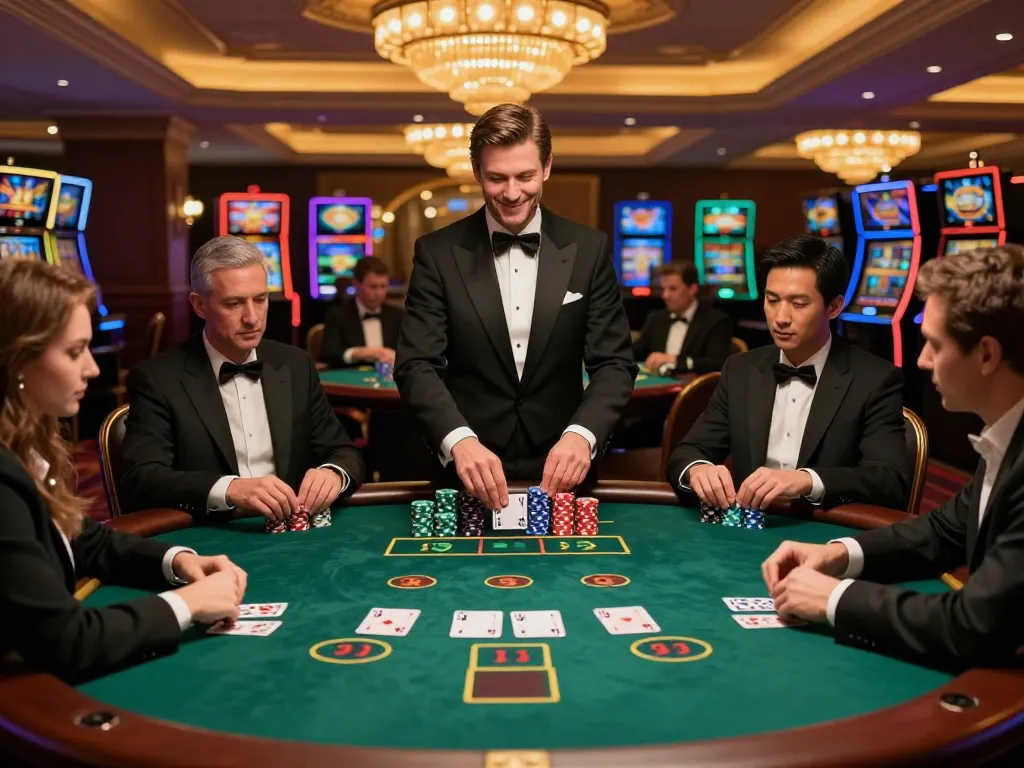 Players enjoying high-stakes blackjack at a luxurious MAX88 casino with vibrant atmosphere.