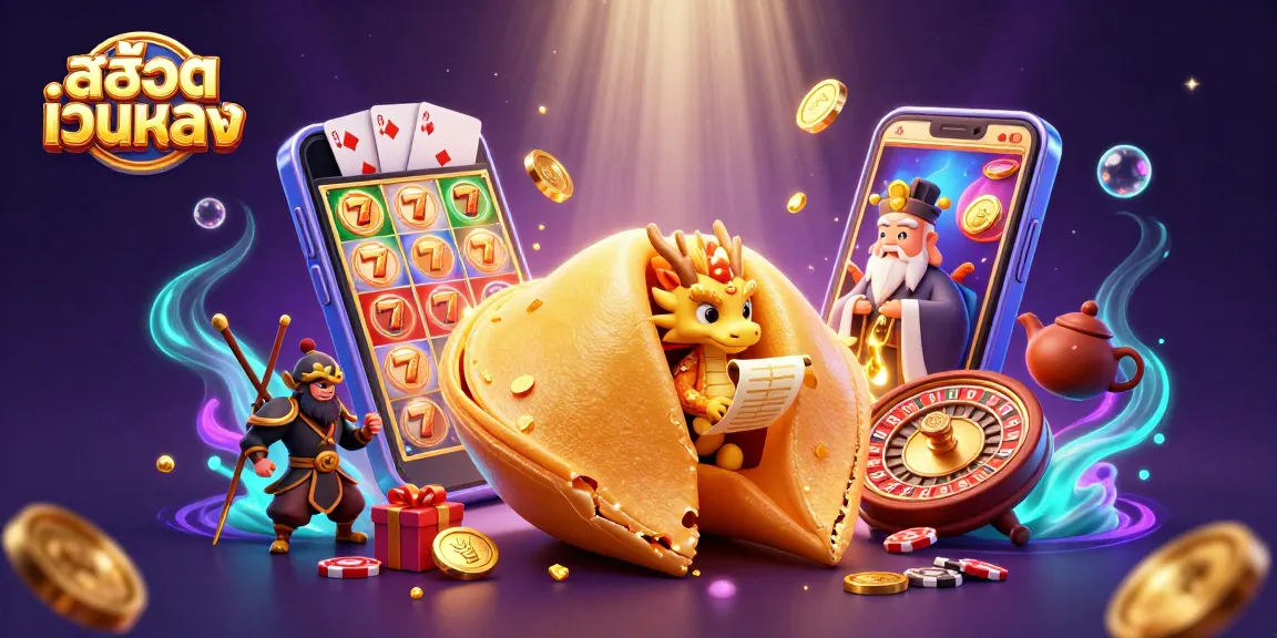Engage with สล็อตเว็บตรง through vibrant online slot games featuring a golden fortune cookie and lucky symbols.
