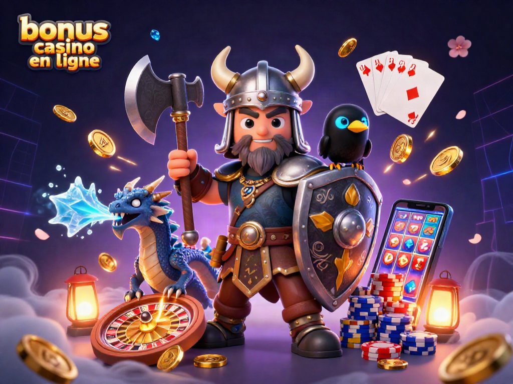 Bonus de casino en ligne : personnage de guerrier Viking et dragon dans un décor de casino enchanteur.