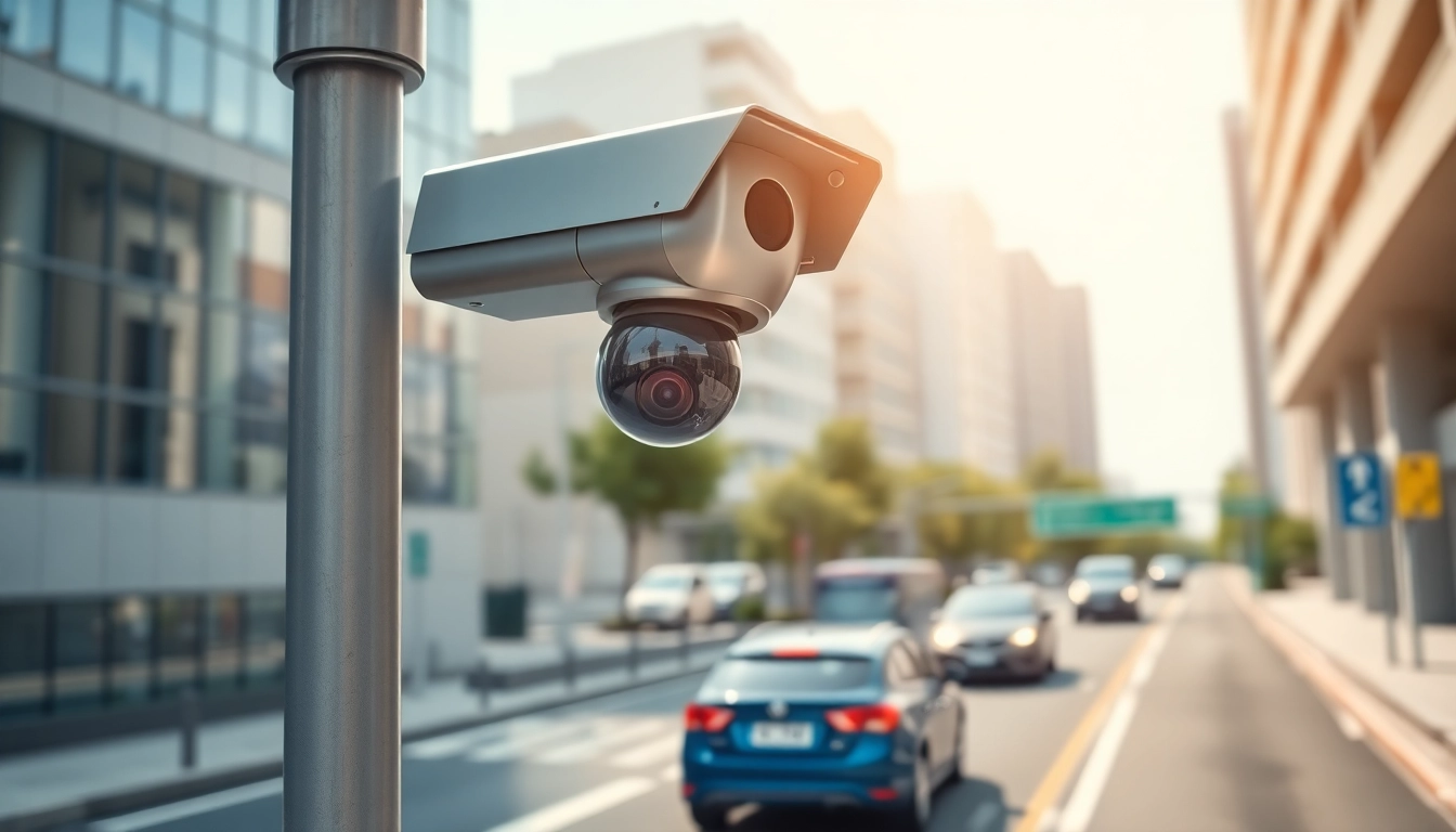 Highlighting automatic license plate recognition system capturing clear vehicle images in an urban environment.