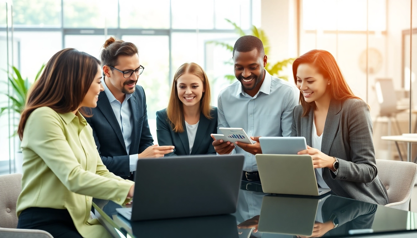 Engage in discussions about order processing software with diverse professionals in a modern office.
